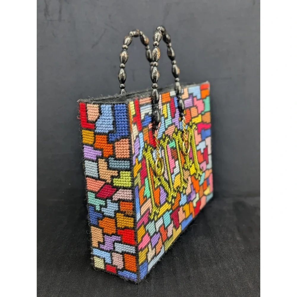 VTG Handmade Plastic Canvas Bead Handle Purse Tote Roses Geometric Shapes NM